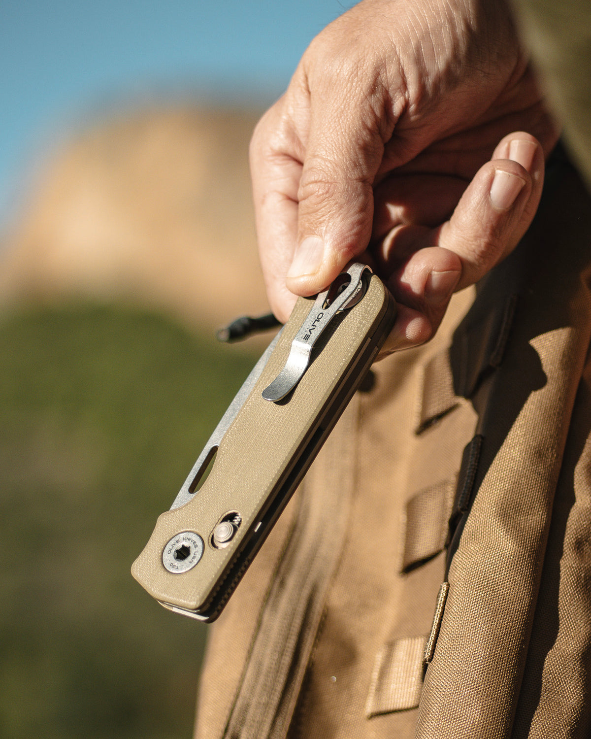 Olive Knives LENTA EDC folding knife, Elmax steel — lifestyle, clipped to a tactical vest